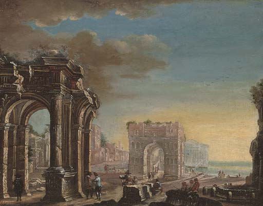 A capriccio of classical ruins with elegant figures conversing in the foreground

