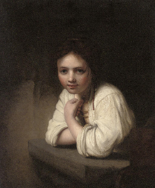 Portrait of a girl leaning on a stone ledge 
