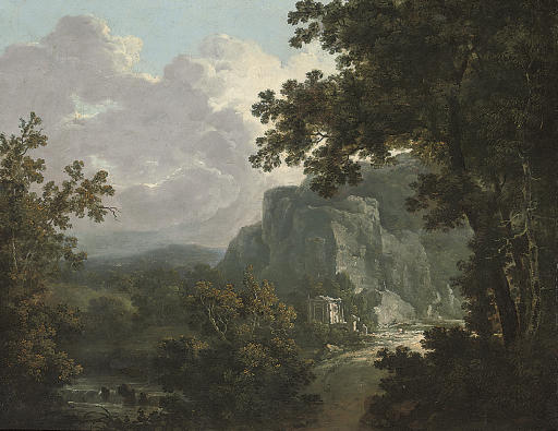 An extensive wooded river landscape with classical ruins 
