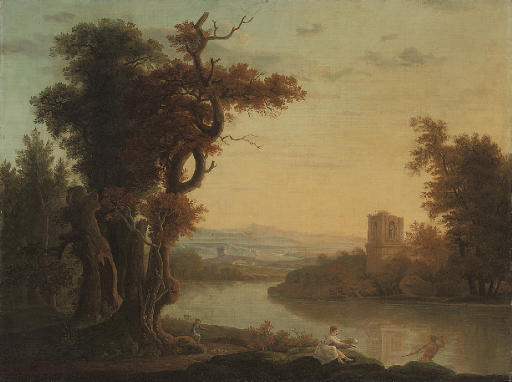 An extensive wooded river landscape with figures in the foreground, a classical ruin beyond
