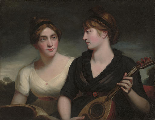 A double portrait of sisters, half-length, one in a black dress playing a lute, the other in a white dress holding a musical score, a landscape beyond
