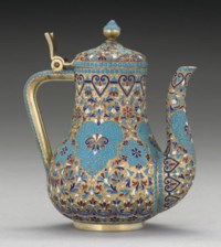 A SMALL LATE 19TH CENTURY RUSSIAN SILVER-GILT & CLOISONNE ENAMEL COFFEE POT,

