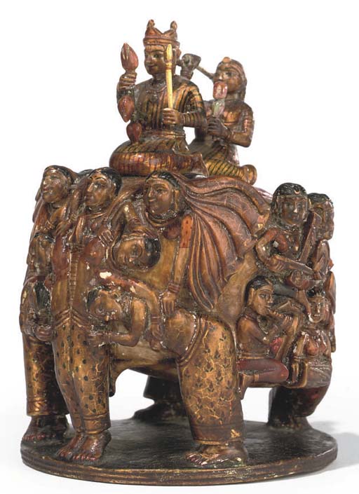 AN INDIAN GILTHEIGHTENED POLYCHROME CARVED IVORY PIECE , RAJASTHAN