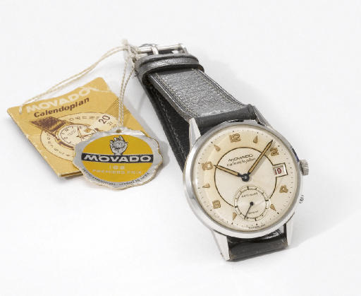 Movado. A stainless steel wristwatch with date, two-tone silvered dial