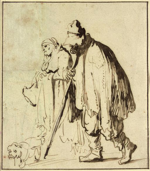 A vagrant couple with a dog 
