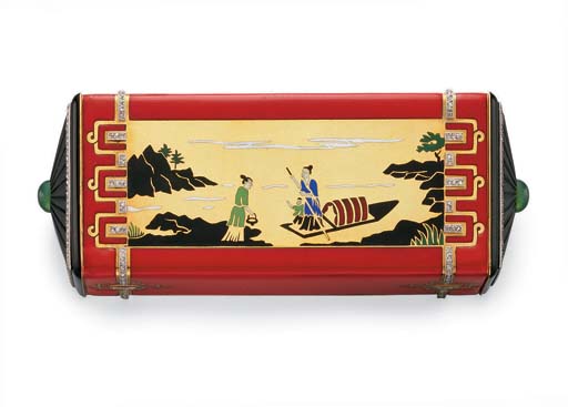 AN ART DECO ENAMEL, DIAMOND AND CHRYSOPRASE VANITY CASE, BY OSTERTAG