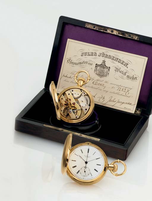 JULES JURGENSEN. AN 18K GOLD HUNTER CASE KEYLESS LEVER POCKET WATCH