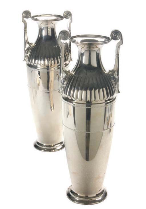 A PAIR OF SILVERPLATED TWO HANDLED VASES, , MARK OF WURTTEMBERGISCHE
