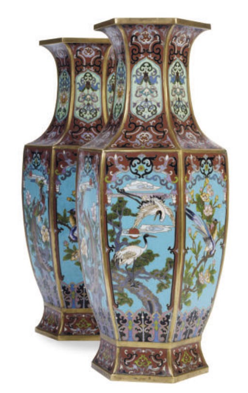 A PAIR OF CHINESE CLOISONNÉ ENAMELED HEXAGONAL VASES,