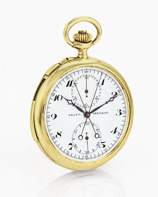 GRUEN.  A RARE 18K GOLD OPENFACE MINUTE REPEATING SPLIT SECOND C