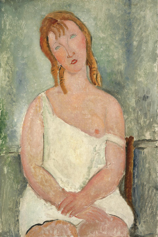 Jeune fille assise en chemise 
