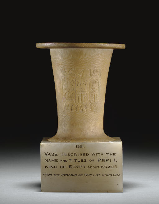 AN EGYPTIAN ALABASTER VASE INSCRIBED FOR PEPI I , OLD KINGDOM, DYNASTY