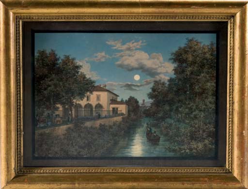Promeneurs et barque au clair de lune 
