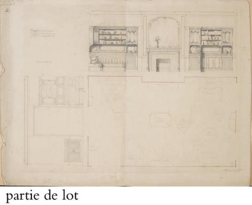 Etude de bureau bibliothèque pour Monsieur Consolat incluant une banquette insérée dans une bibliothèque, une cheminée, et une seconde bibliothèque
