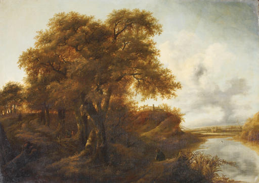 A wooded river landscape with travellers on a track 
