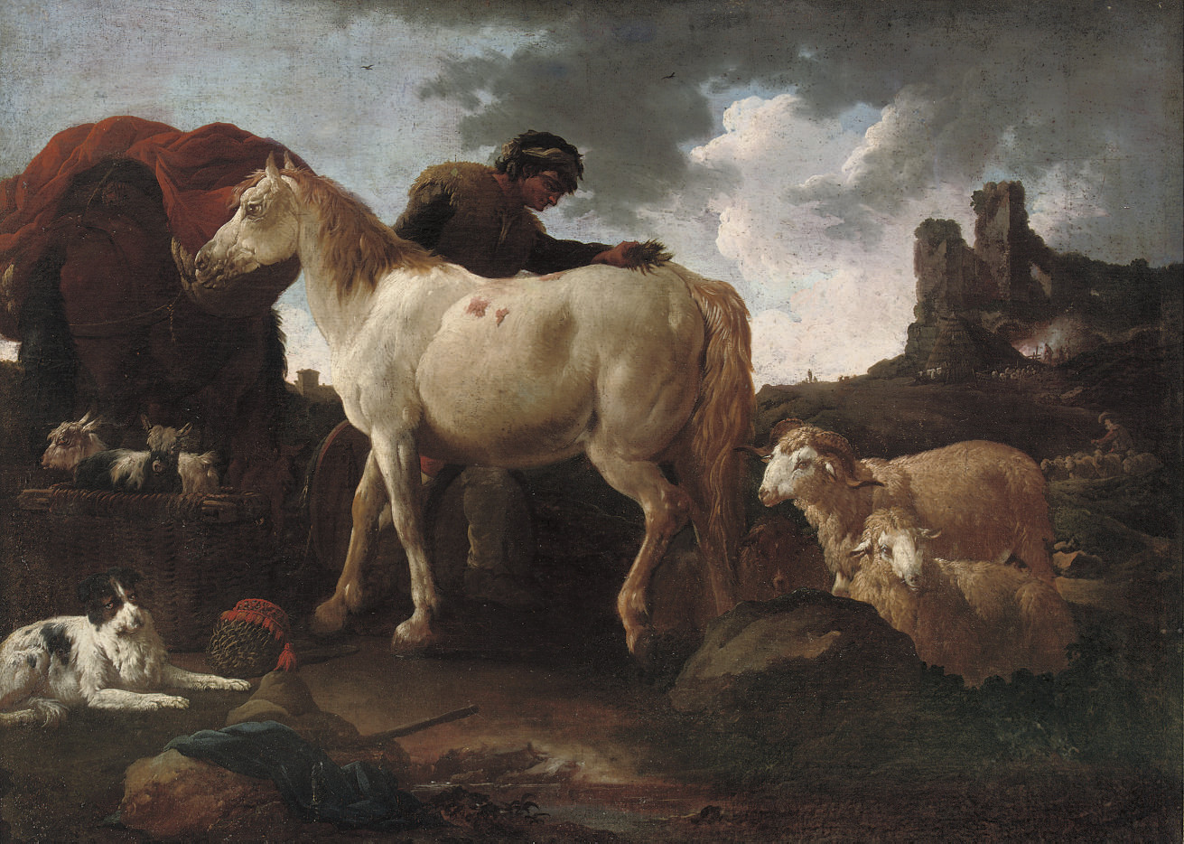 A peasent attending a horse in an Italianate landscape 
