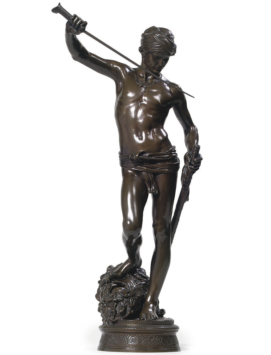 A FRENCH BRONZE FIGURE OF DAVID ENTITLED 'DAVID, VAINQUEUR DE GOLIATH