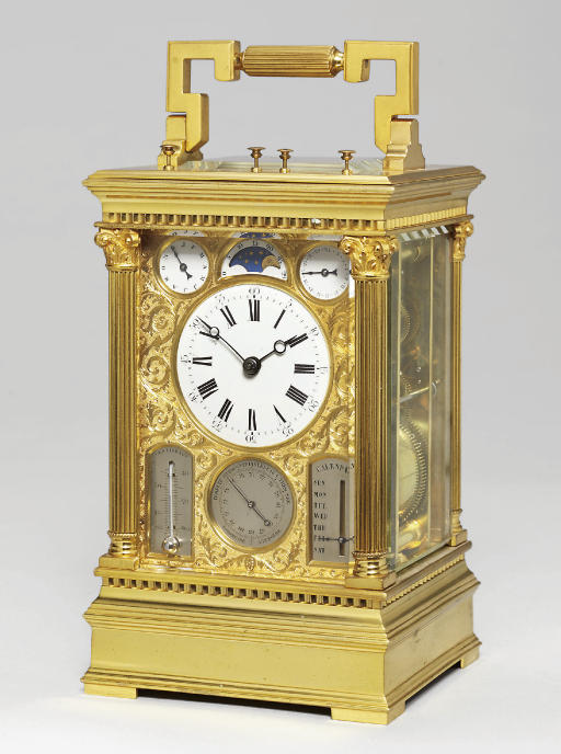 A fine French brass grande sonnerie eight-day carriage clock with full calendar, moonphase, barometer and thermometer, Victorien Boseet, No.613. circa 1880. 7&frac12; in (19 cm) high, handle down. Sold for &pound;36,500 on 20 February 2008 at Christie&rsquo;s in London