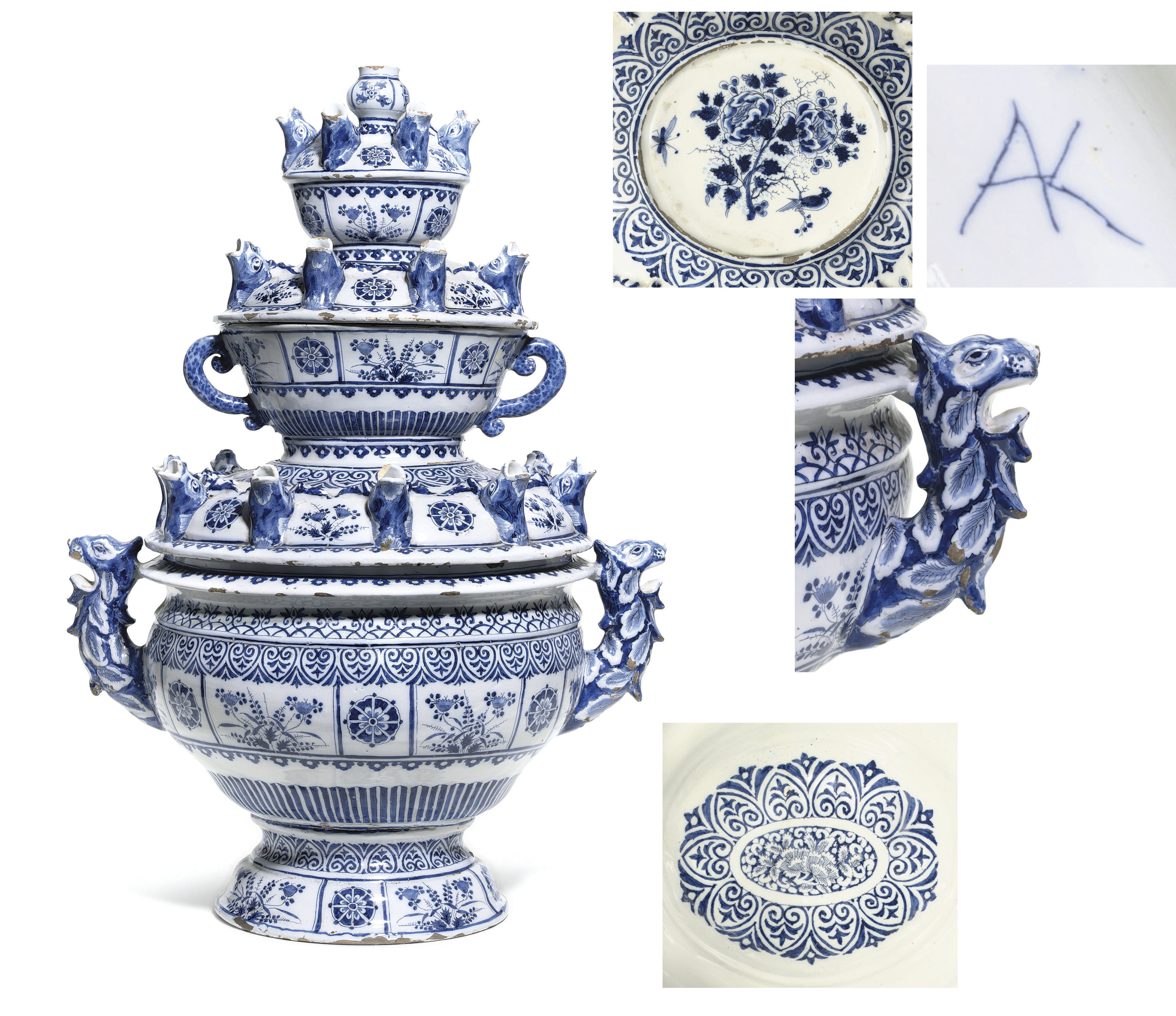 A DUTCH DELFT BLUE AND WHITE SECTIONAL FLOWERVASE , CIRCA 16951700