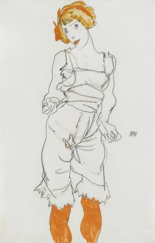 Egon Schiele (1890-1918), Frau in Unterwäsche und Strümpfen (Valerie Neuzil), executed in 1913. 18⅜ x 12¼  in (47.9 x 30.8  cm). Sold for £860,500 on 4 February 2008 at Christie’s in London