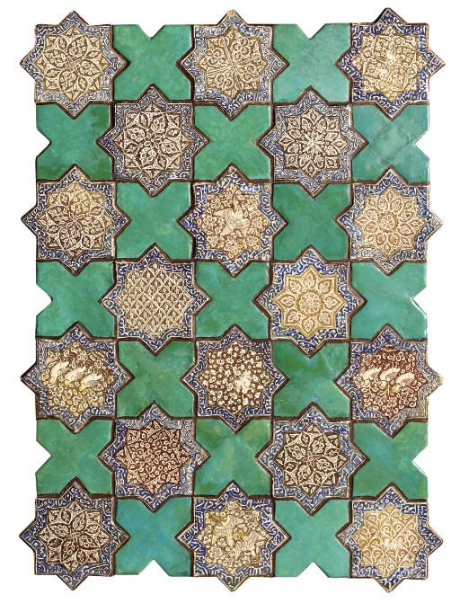 A PANEL OF EIGHTEEN KASHAN LUSTRE AND COBALT BLUE STAR TILES , PROBABLY ...
