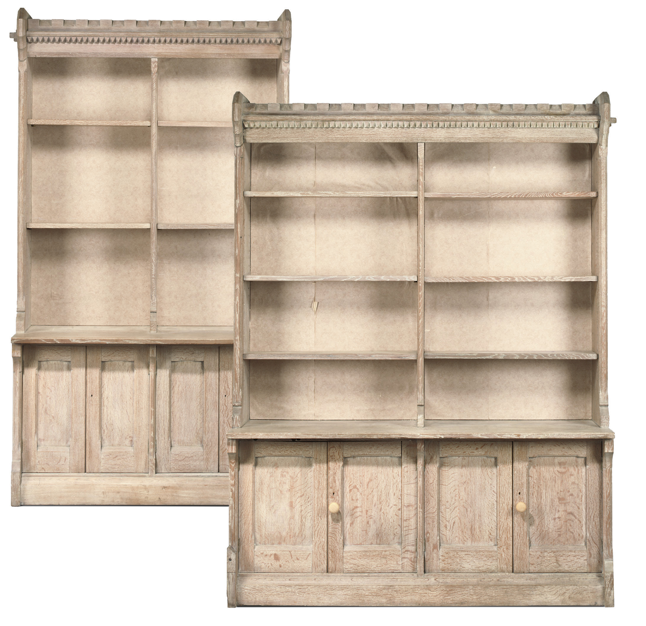 Two Victorian Limed Oak Open Bookcases Circa 1870 Attributed To