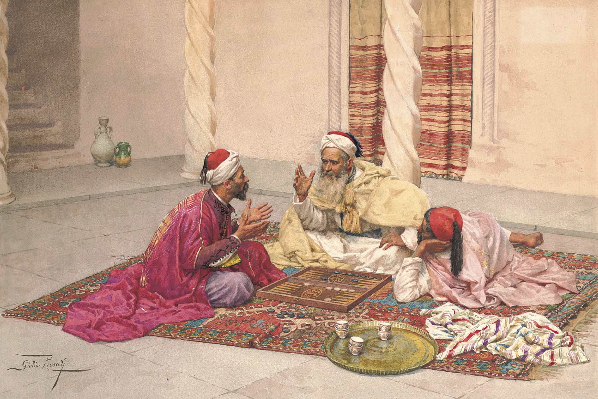 Giulio Rosati (Italian, 1858-1917), Backgammon Players in a Courtyard. Pencil and watercolour on paper. 16⅛ x 23⅜ in (41 x 59.5  cm). Sold for &pound;145,250 on 2 July 2008 at Christie&rsquo;s in London