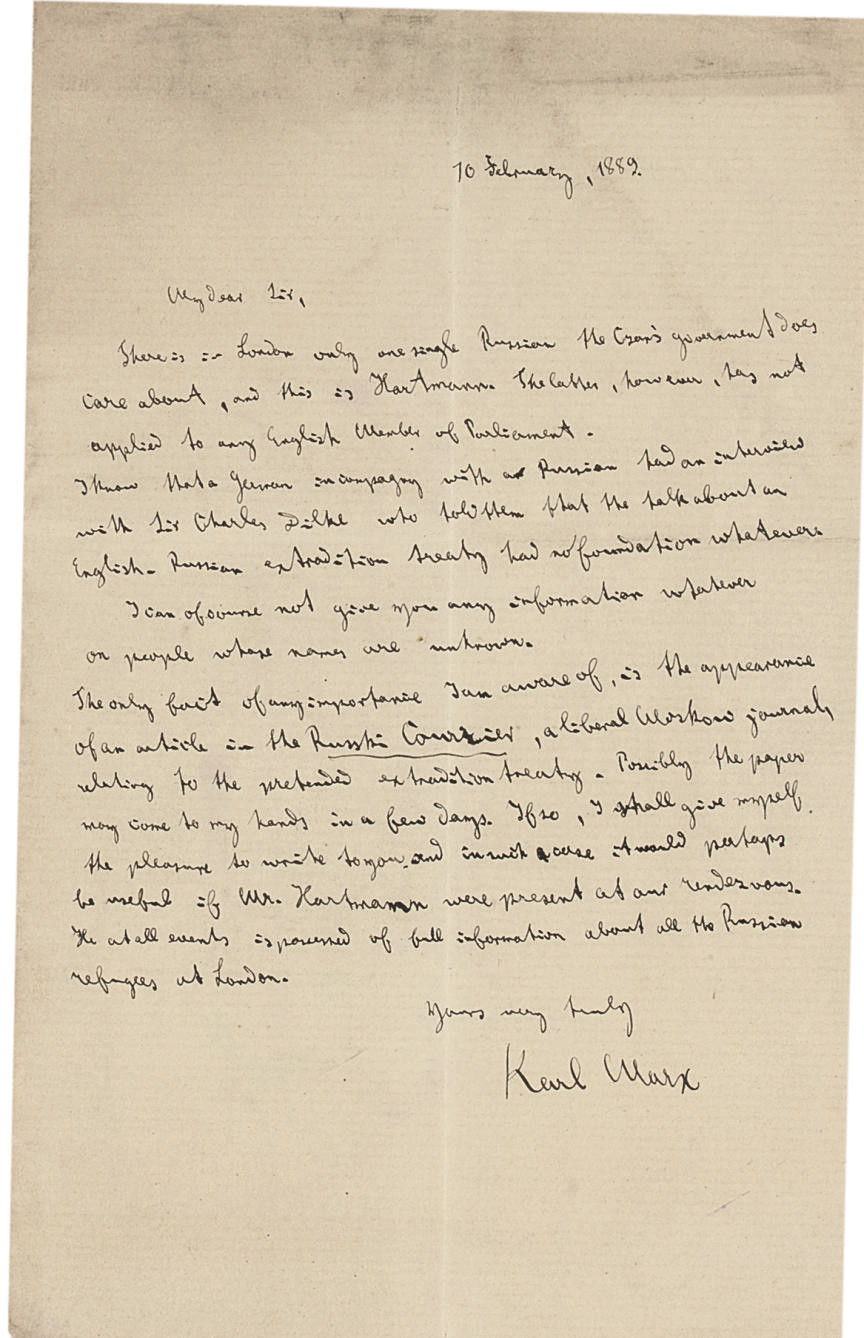 MARX, Karl (18181883). Autograph letter signed ('Karl Marx') to Collet