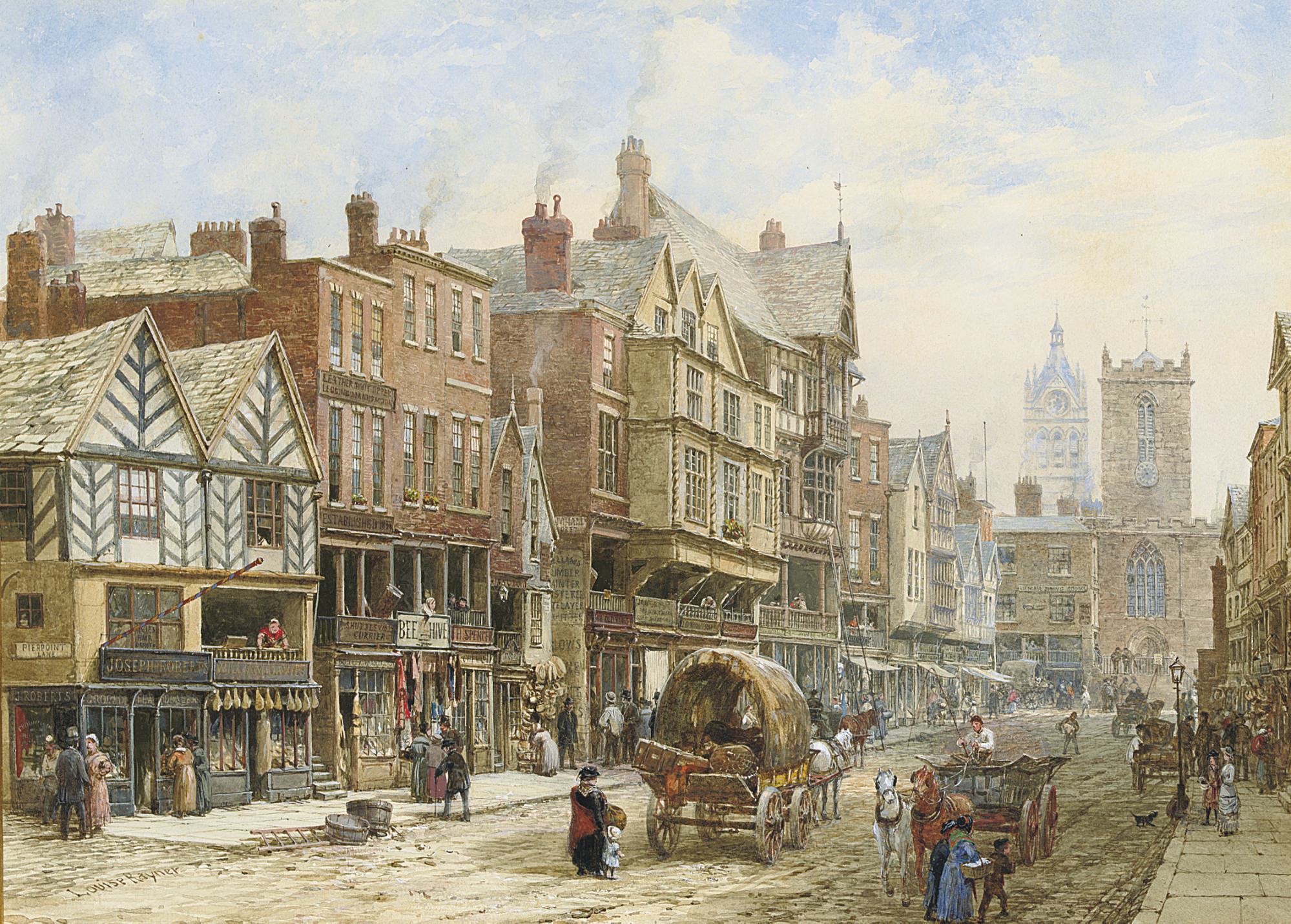 Louise Rayner (18311924) , Bridge Street, Chester, with St. Peter's