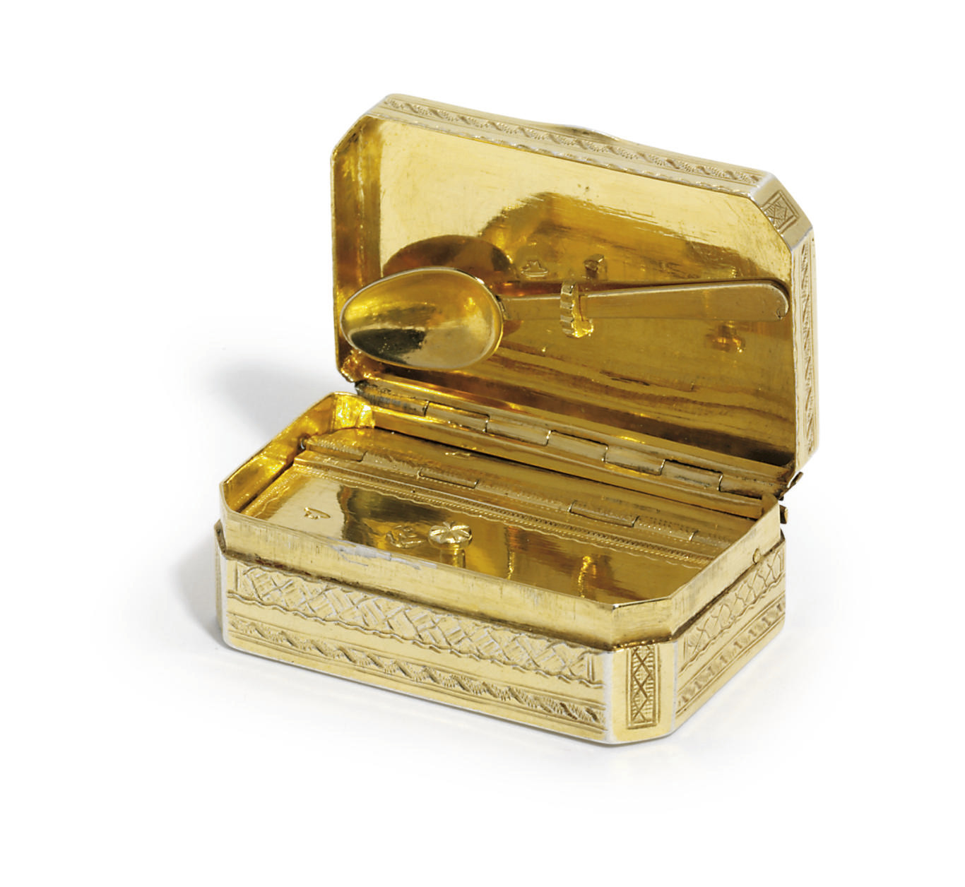 AN ITALIAN SILVERGILT SNUFFBOX AND SNUFFSPOON , WITH INDISTINCT