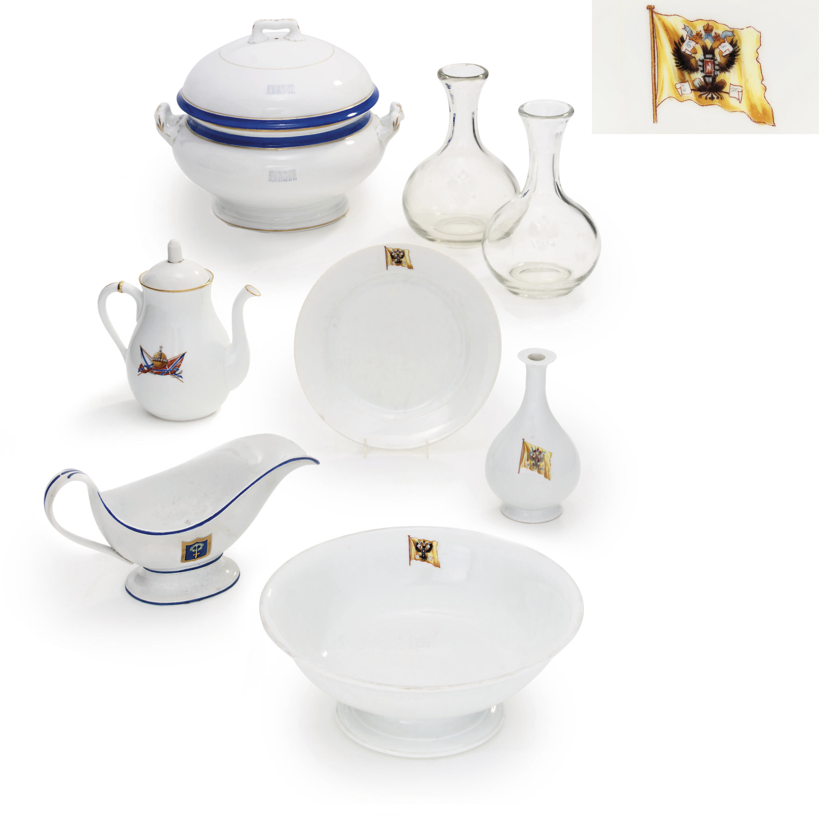 A selection of porcelain and glass tableware from the Imperial Yacht