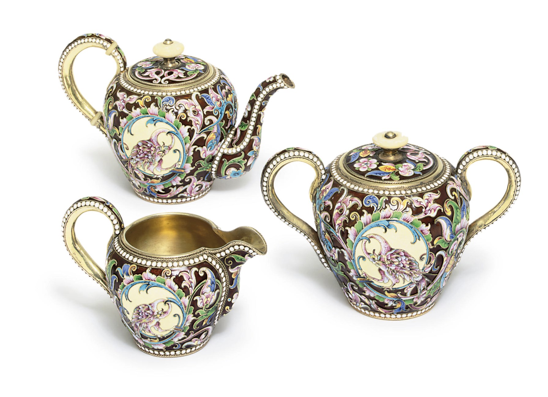 A silvergilt and cloisonné enamel teaset , CYRILLIC MARK VA, PROBABLY