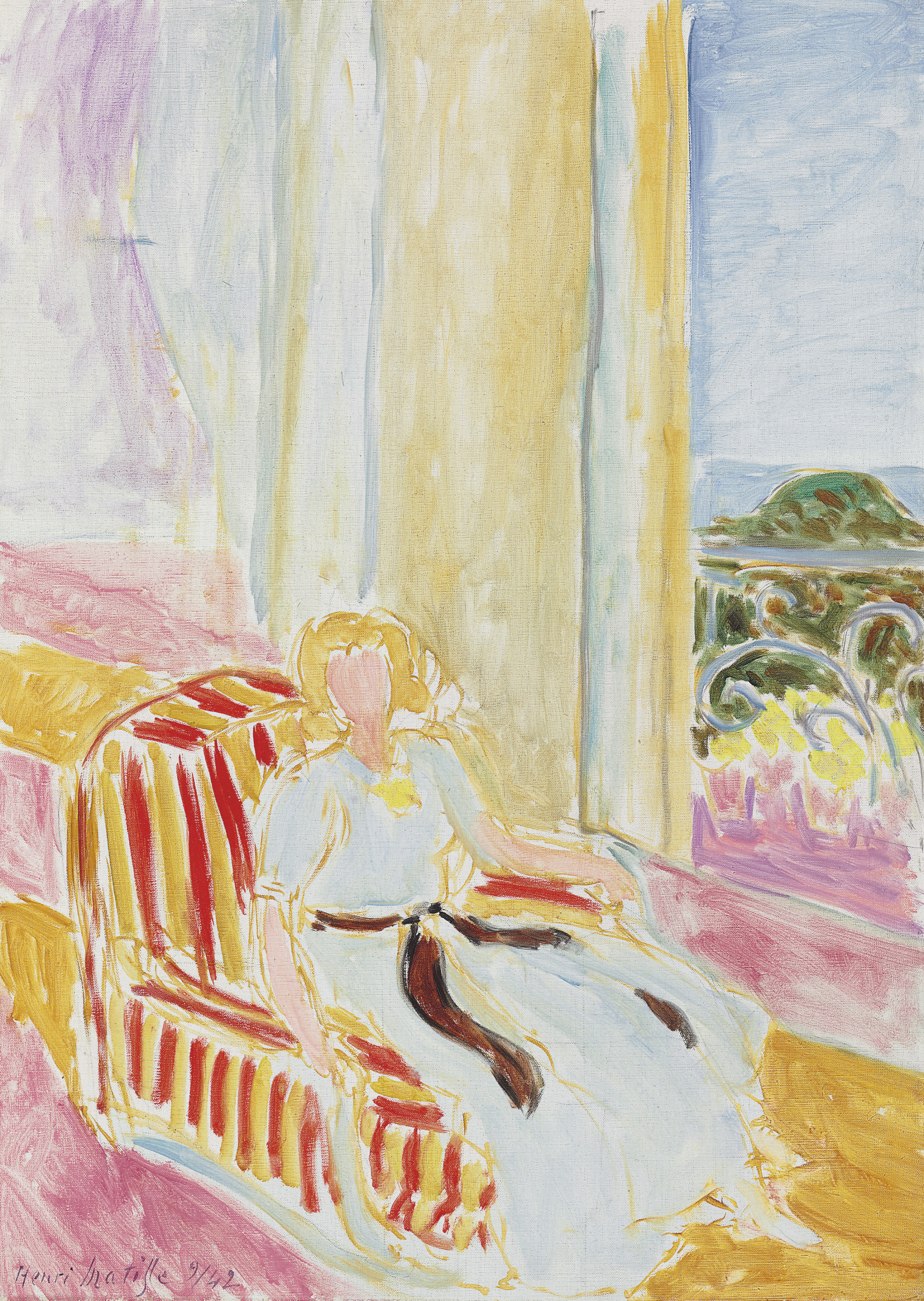 Jeune fille en robe blanche, assise près de la fenêtre 

