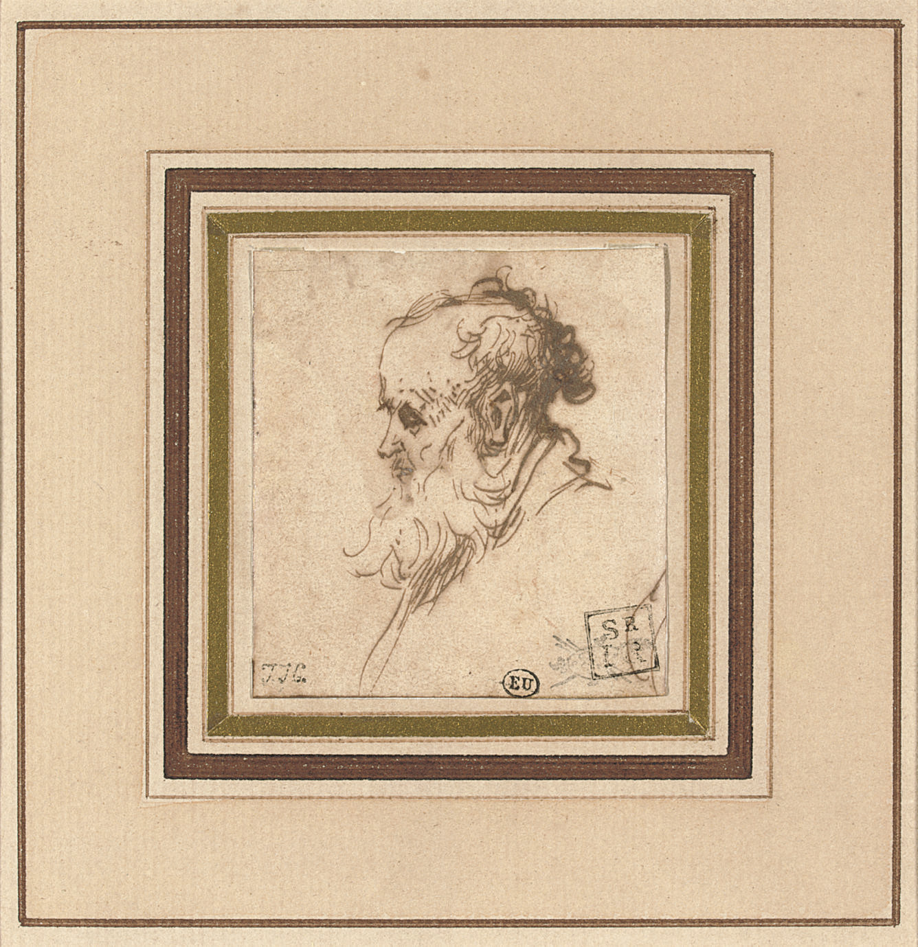 Head of a bearded man in profile to the left 
