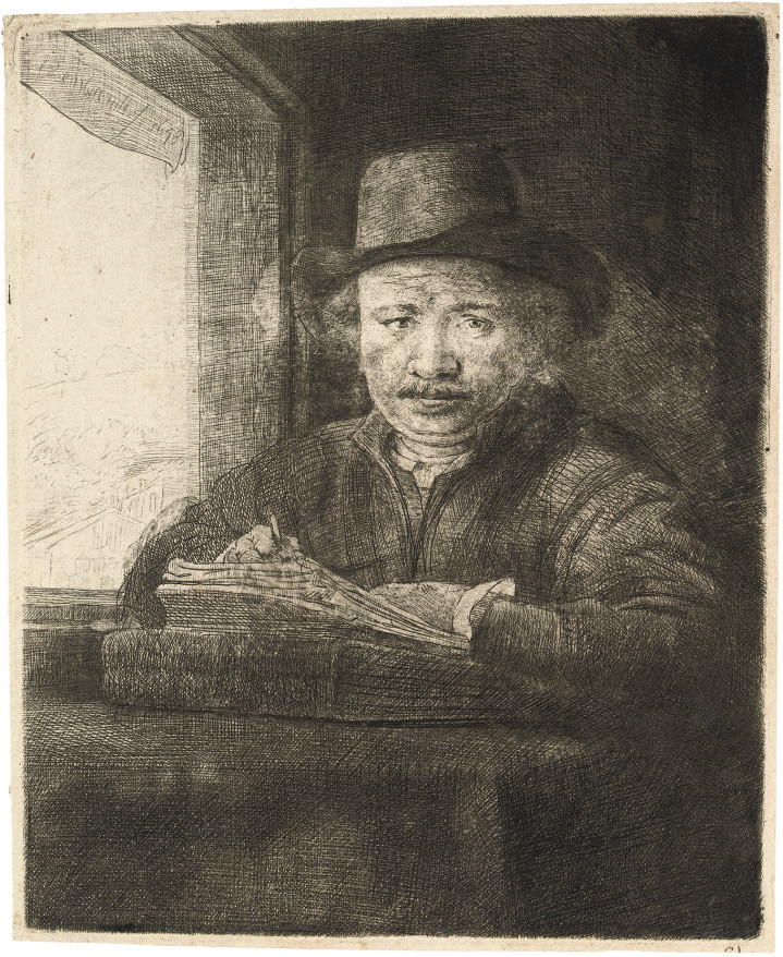 Self-Portrait drawing at a Window (B., Holl. 22; H. 229) 
