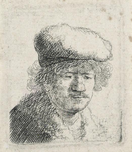 Self-Portrait with Cap pulled forward (B., Holl. 319; H. 58) 
