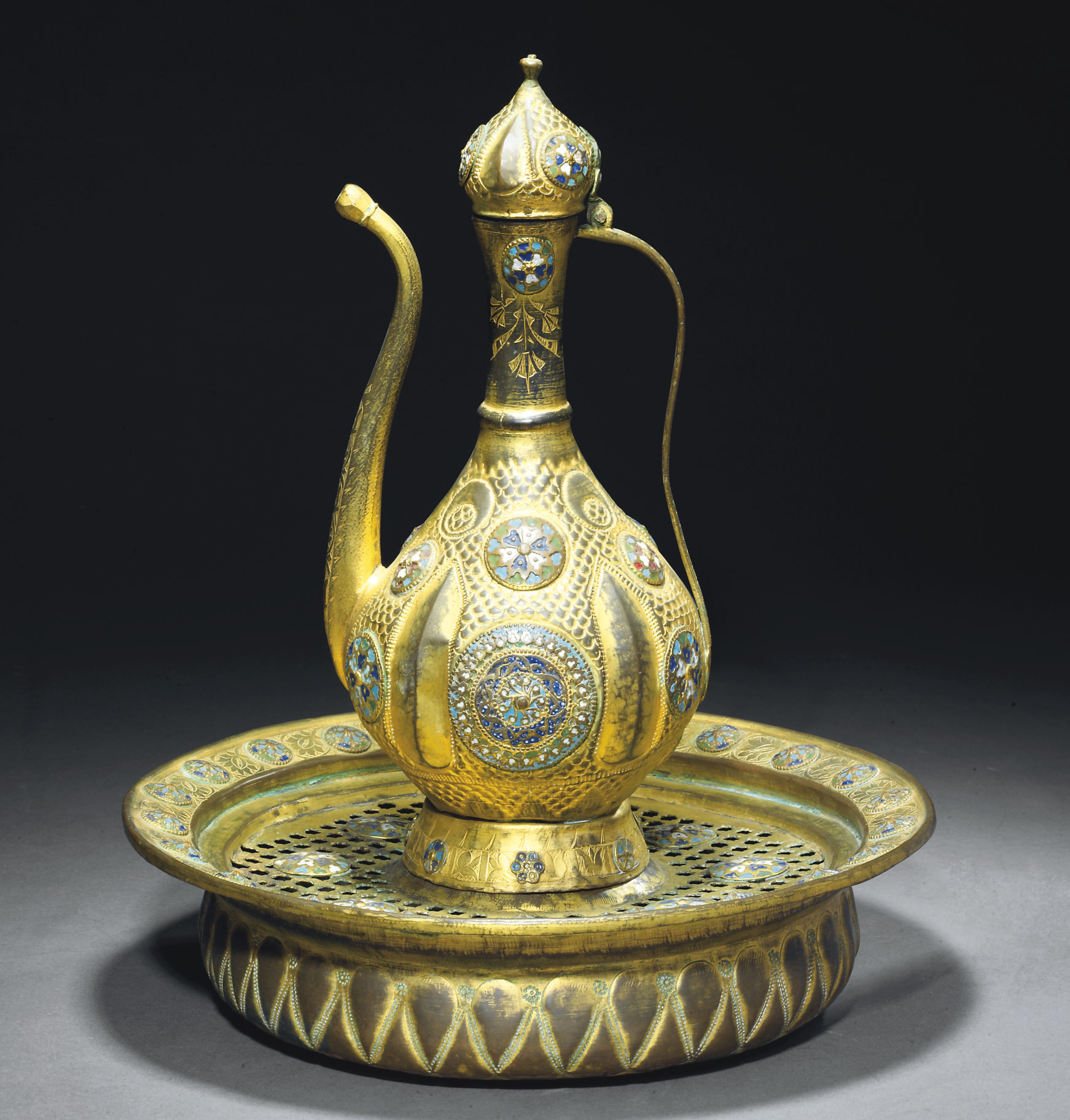 AN OTTOMAN ENAMELLED TOMBAK EWER AND BASIN , PROBABLY DIYARBEKIR