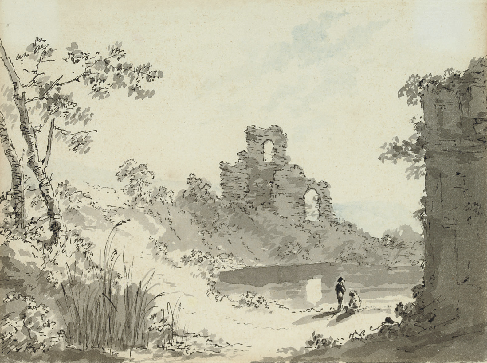 Fishermen in front of a Gothic ruin, another ruin on the right 
