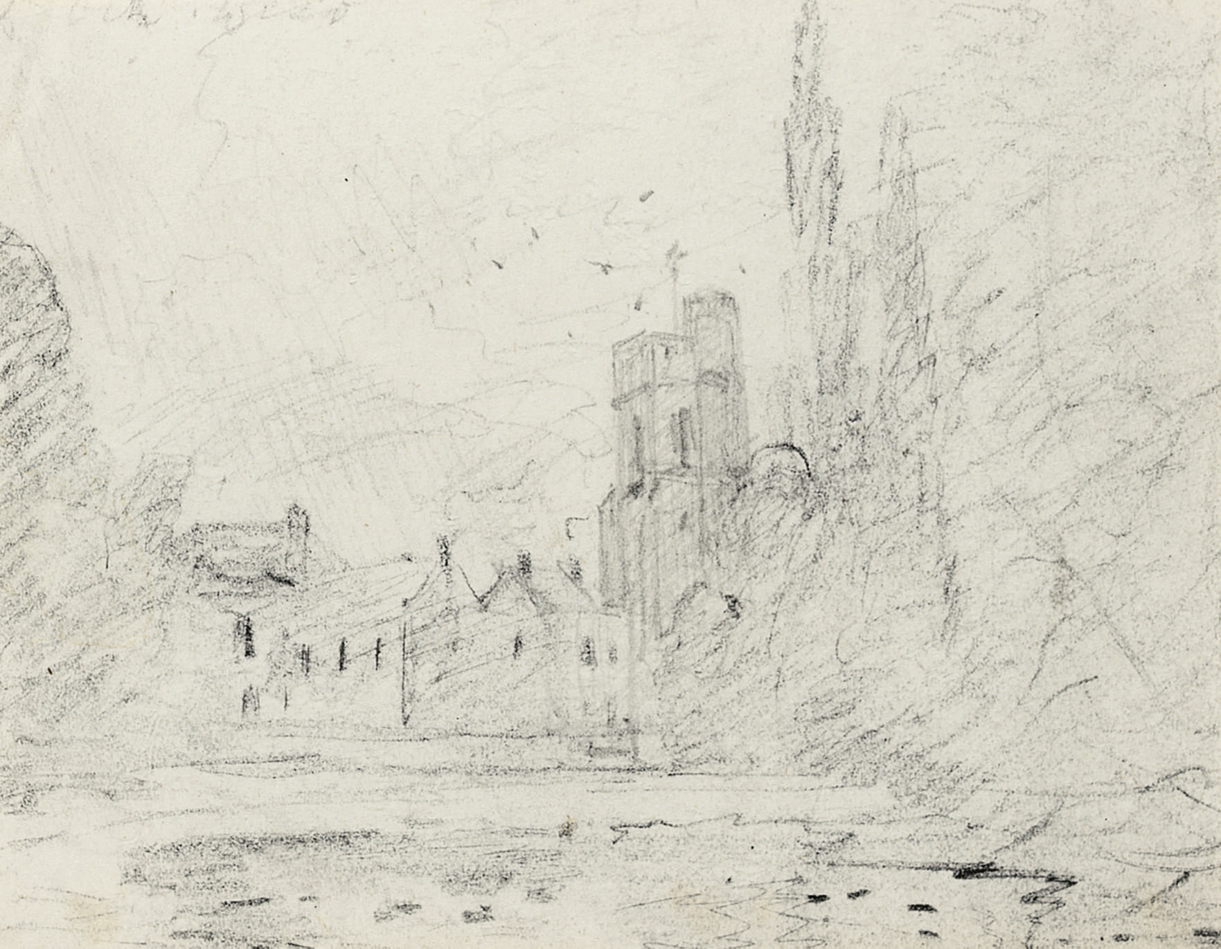 A landscape with buildings and a tower seen over water 
