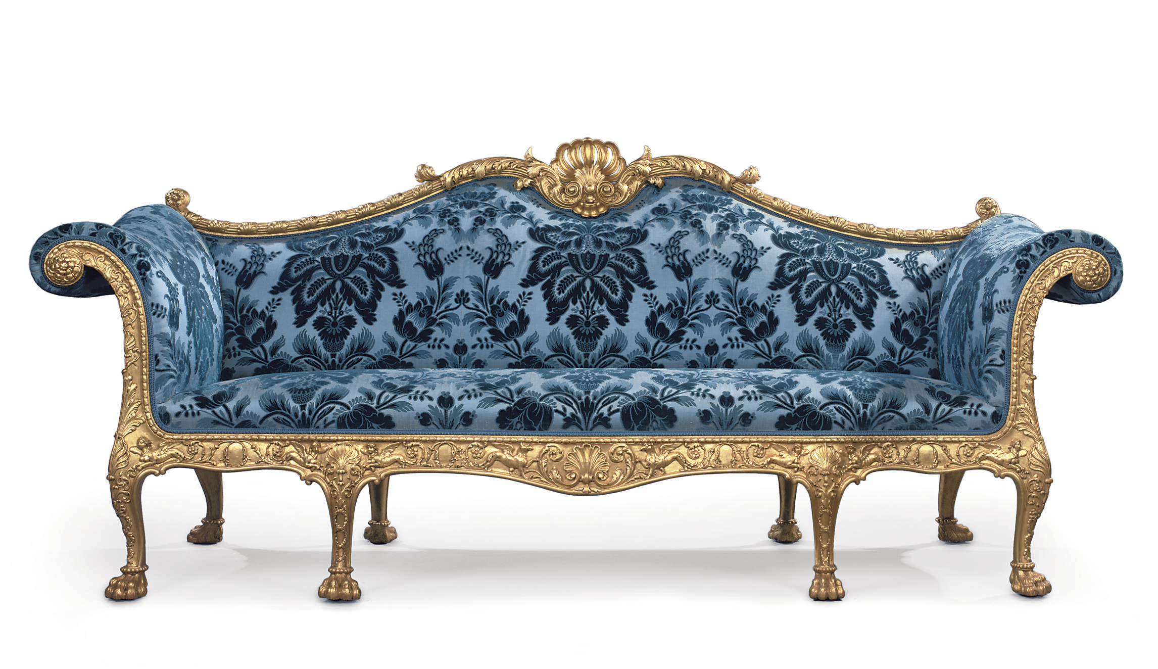 A George III giltwood sofa, designed by Robert Adam and made by Thomas Chippendale, 1765. Part of a suite of eight armchairs and four sofas supplied in 1765 by Thomas Chippendale to Sir Lawrence Dundas, Bt, for the Great Room, 19 Arlington Street, London