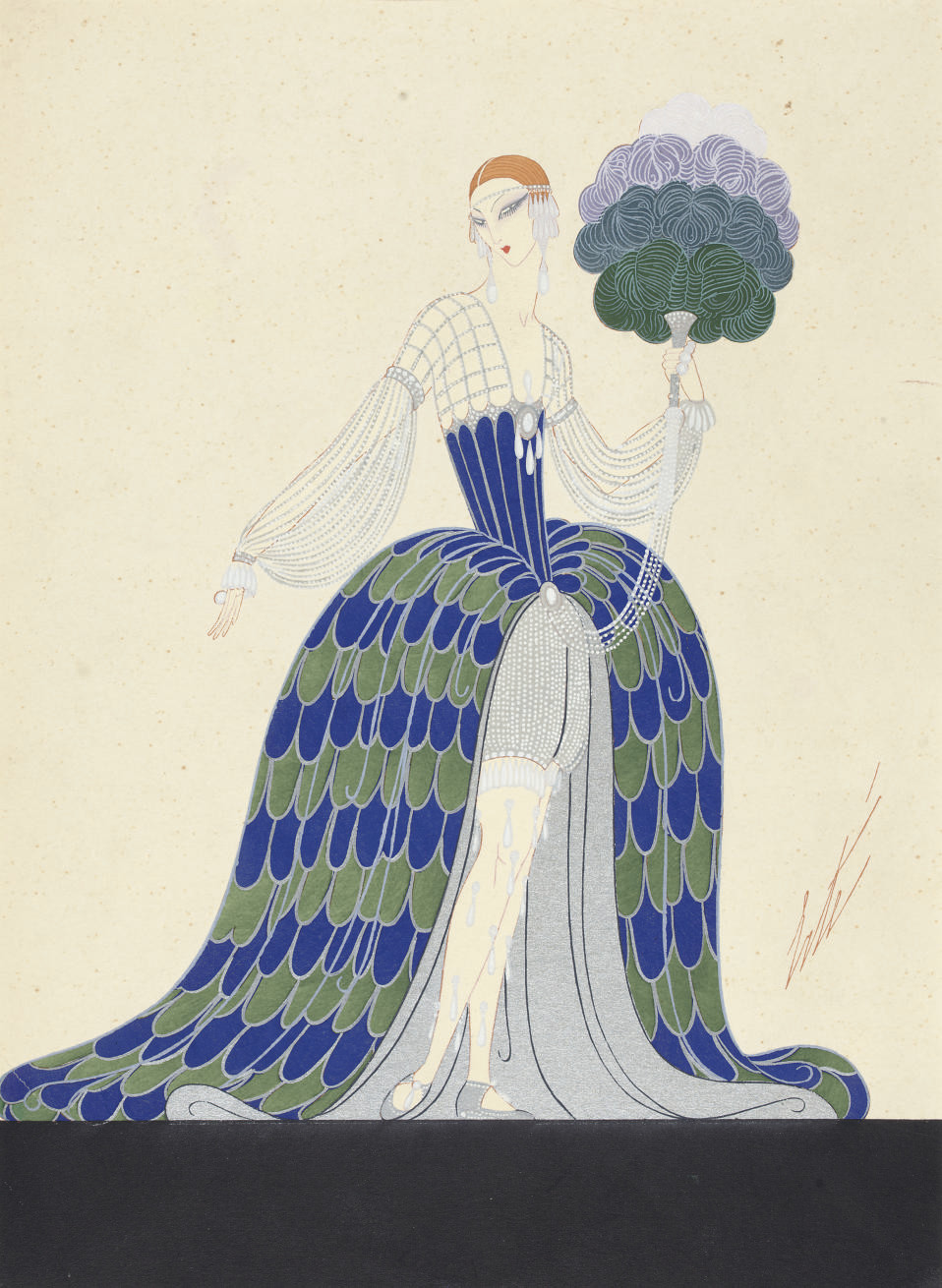 An elegant lady in a blue and silver gown (recto); A sketch of a woman knitting (verso)
