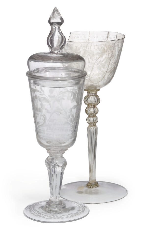 A GERMAN ENGRAVED GLASS GOBLET AND A COVER AND A DIAMONDPOINT ENGRAVED