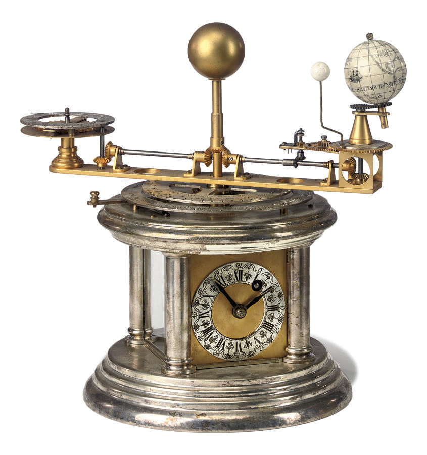 An English silvered world time and orrery clock , WILLIAM PERKINS, LONDON. RECENT Christie's
