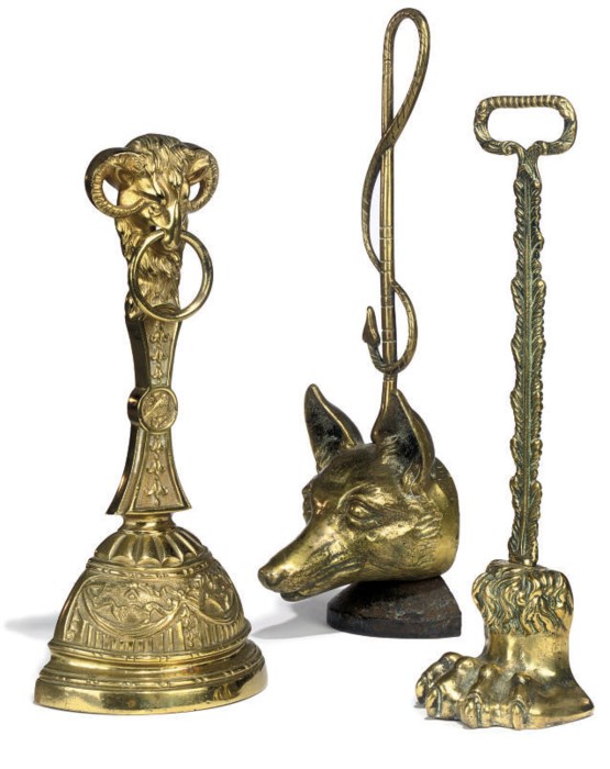 A GROUP OF THREE GILTBRONZE DOOR STOPS , LATE 19TH AND EARLY 20TH