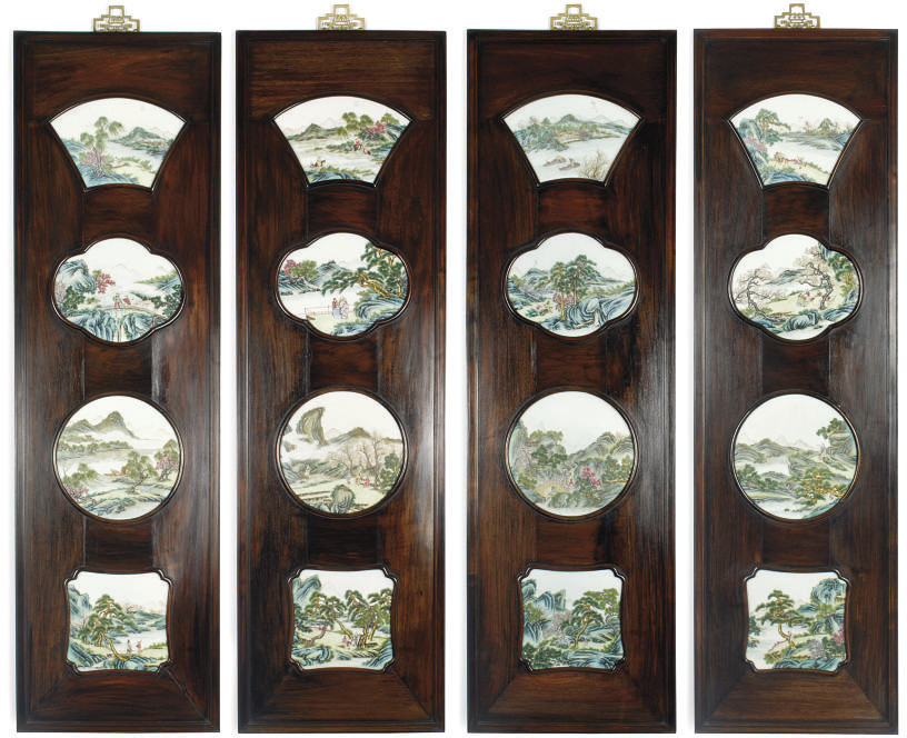 FOUR CHINESE WALL HANGINGS WITH PORCELAIN PLAQUE INSETS , 20TH CENTURY
