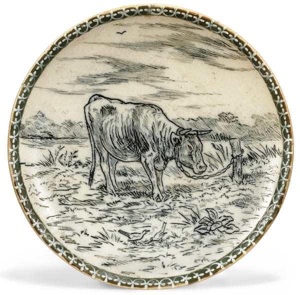 A DOULTON LAMBETH STONEWARE PLATE , DATED 1878, BY HANNAH BARLOW, IMPRESSED MARKS AND INCISED