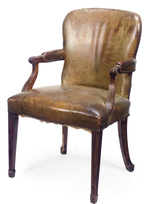 A MAHOGANY LEATHER UPHOLSTERED ARMCHAIR