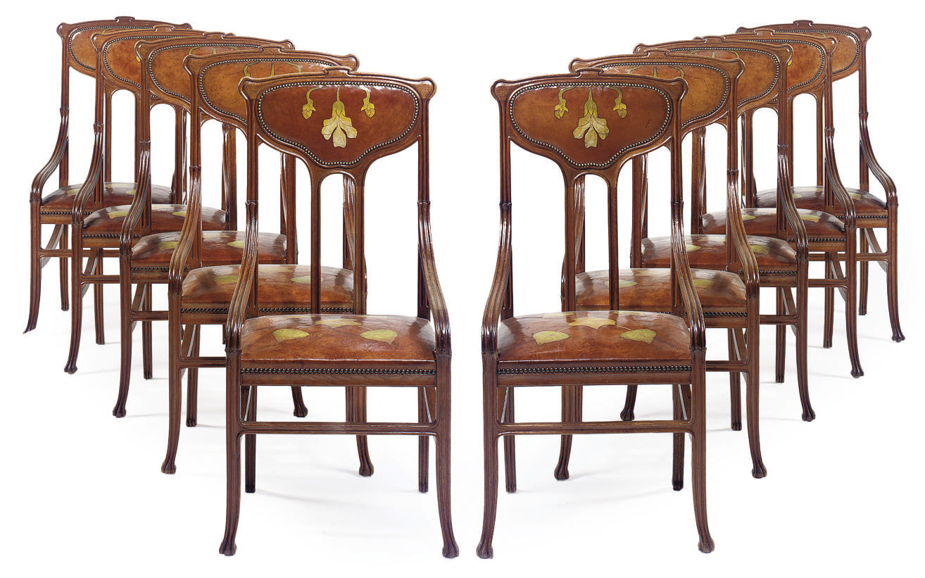 A SET OF TEN AMERICAN ART NOUVEAU OAK DINING CHAIRS , EARLY 20TH