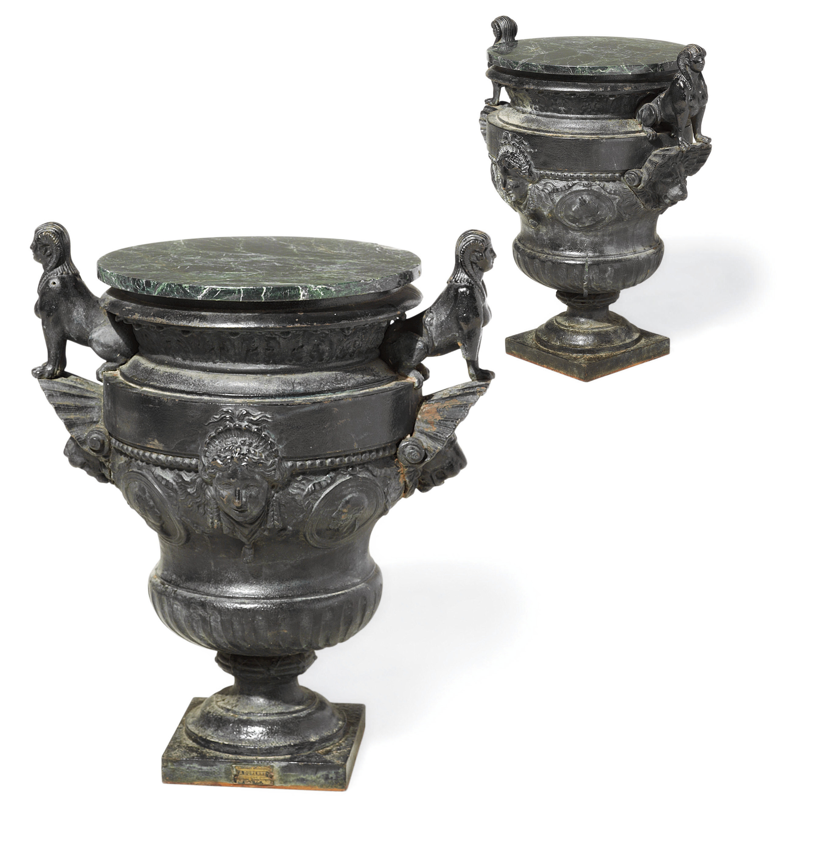 A PAIR OF FRENCH CAST IRON URNS