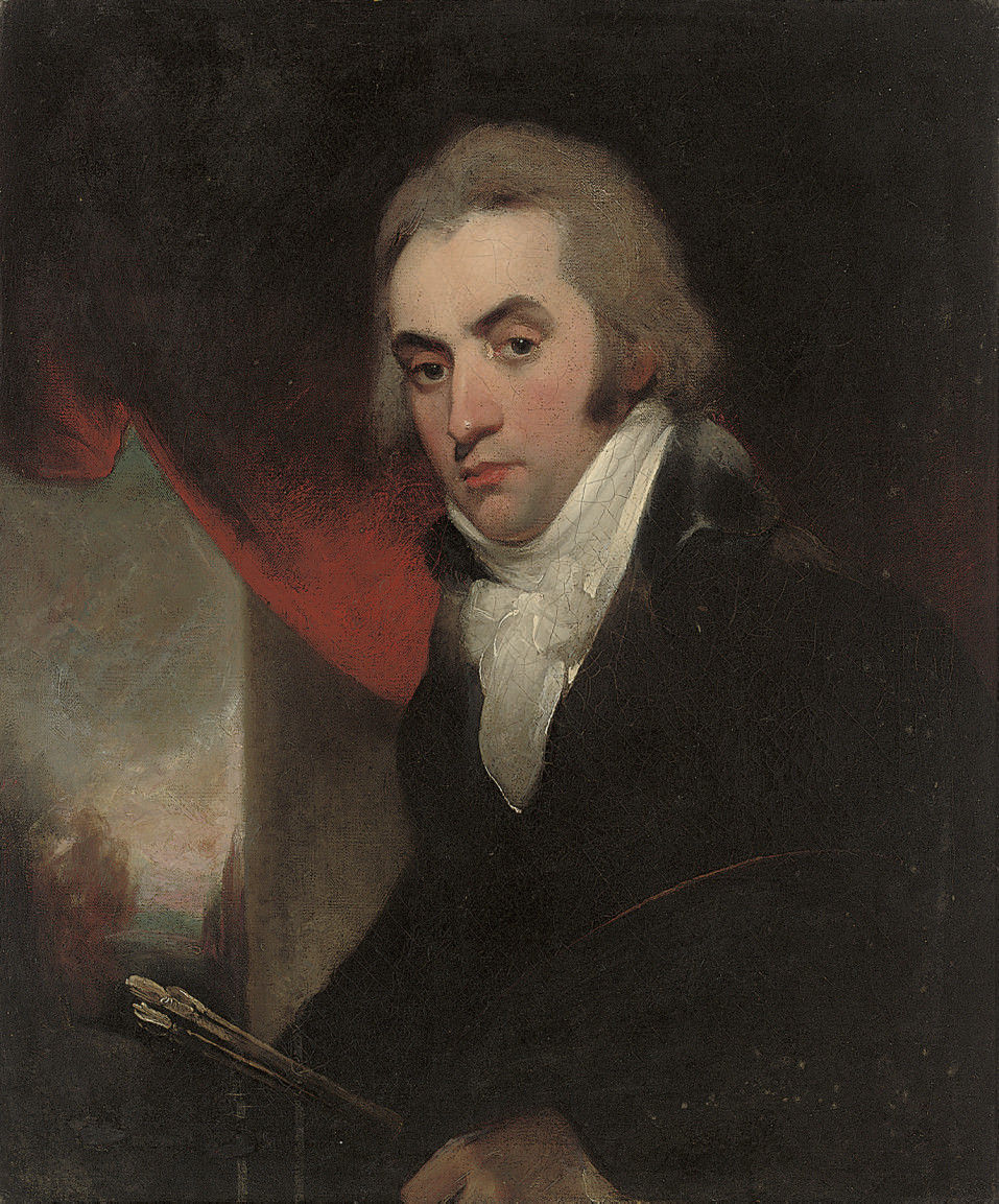 Portrait of an artist, half-length, in a black coat, paint brushes in his left hand, a draped curtain beyond
